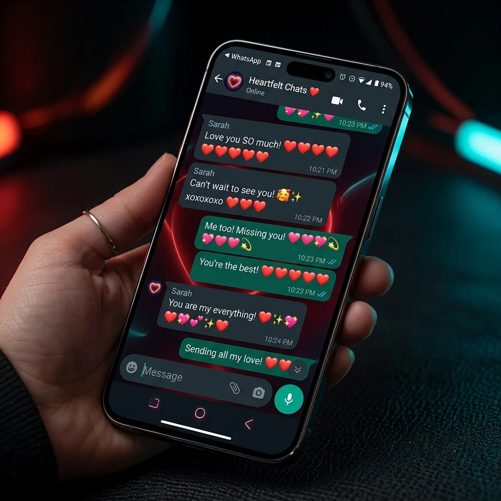 WhatsApp chat window displaying repeated heart emojis and text loops